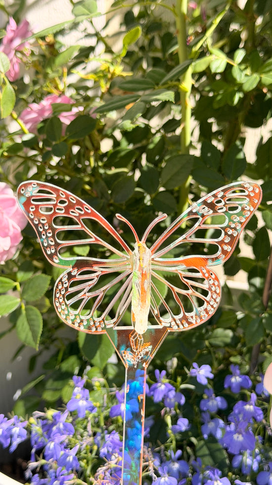 Aura Butterfly plant stake with Lemurian Quartz crystal body