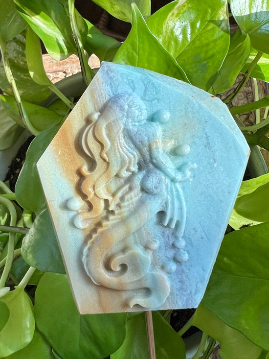 Amazonite Mermaid carved Raw Slab Plant Crystal